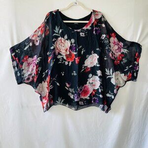 Moda Seta Womens Black Dolman Sleeve Floral Preppy Y2K Blouse Top Size X-Large
